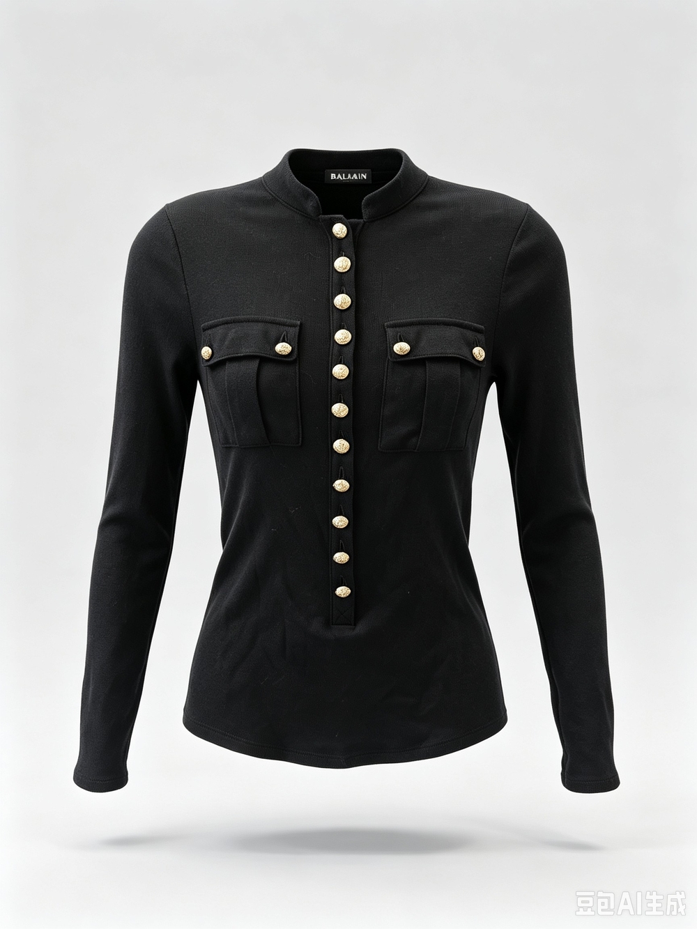 Balmain Black Long-Sleeve Military Button Top